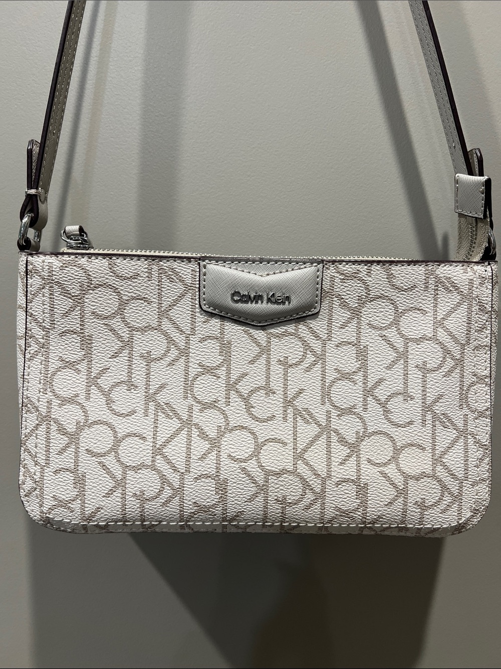 Calvin Klein CK Monogram Shoulder Bag White Beige Logo Purse Silver Hardware